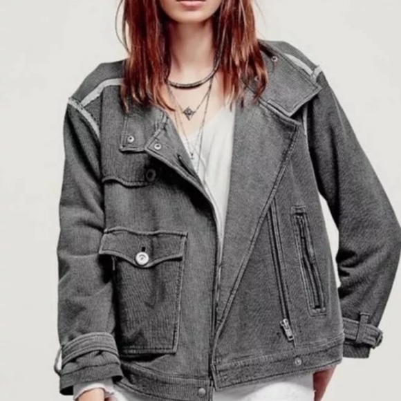 Free People Railroad Stripe Asymmetric Moto Jacket Size Medium Hit The Slopes - Picture 4 of 14